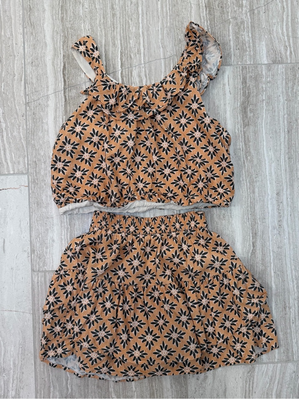 Zara Tan and Black Floral Ruffle Two-Piece Skirt Set